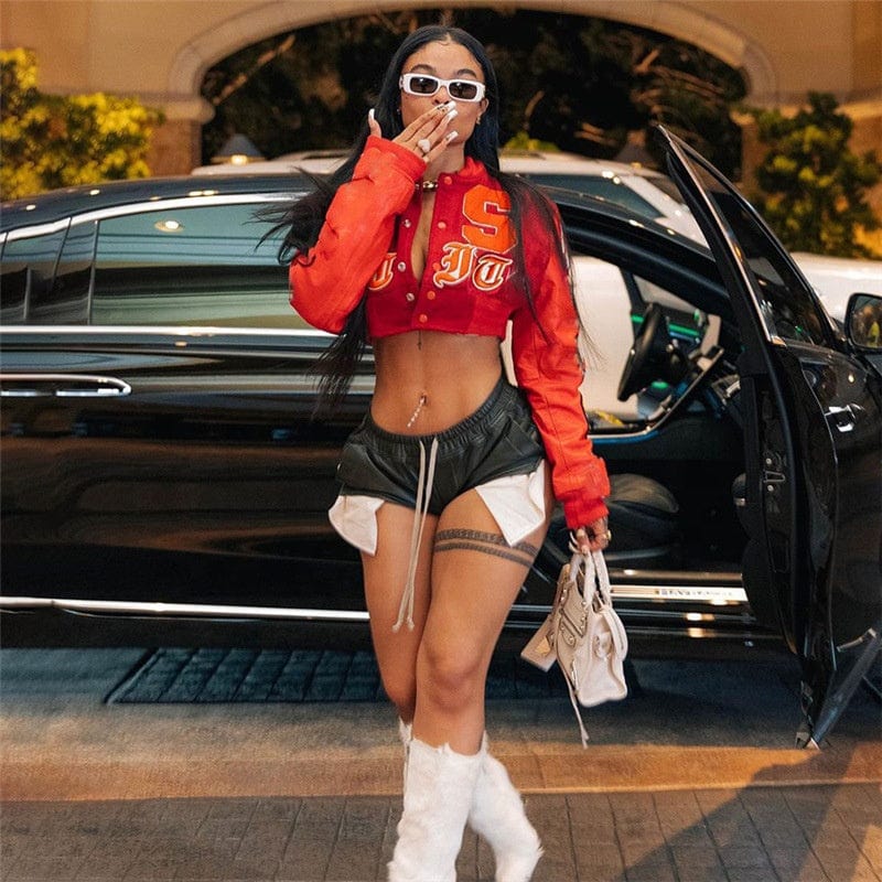 OUDINA Boutique Round Neck Loose Short Uniform Varsity Jacket Winter Women's Jackets