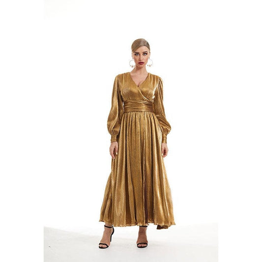 OUDINA Brand Fashionable Vintage Bronzing Long Sleeve V-neck Large Swing Gown Dresses Elegant Women Evening Dress