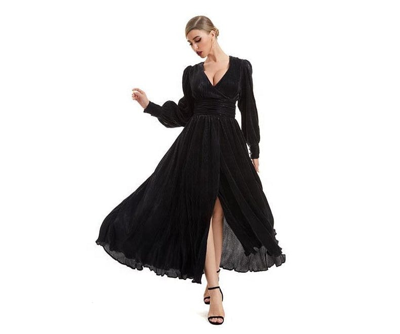 OUDINA Brand Fashionable Vintage Bronzing Long Sleeve V-neck Large Swing Gown Dresses Elegant Women Evening Dress