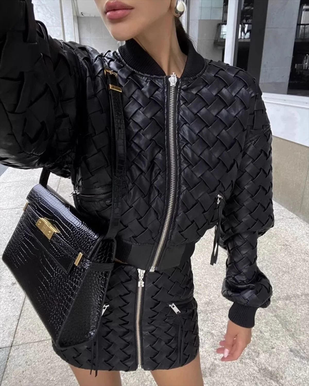 OUDINA Custom OEM Black Woven Textured Zipper Jacket And Mini Skirt Set PU Leather Two Piece Sets For Women