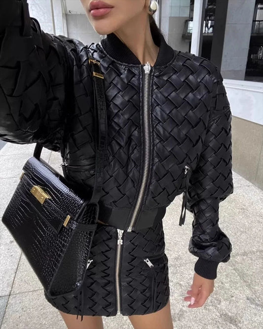 OUDINA Custom OEM Black Woven Textured Zipper Jacket And Mini Skirt Set PU Leather Two Piece Sets For Women