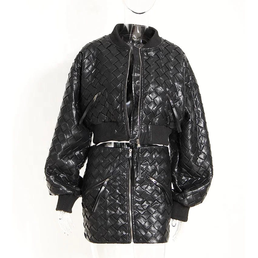 OUDINA Custom OEM Black Woven Textured Zipper Jacket And Mini Skirt Set PU Leather Two Piece Sets For Women