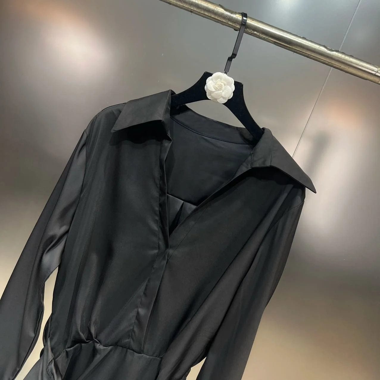 OUDINA Custom OEM Dark Pleated Dress Spring New Long Sleeve Asymmetric Shirt Women Elegant Casual Dresses