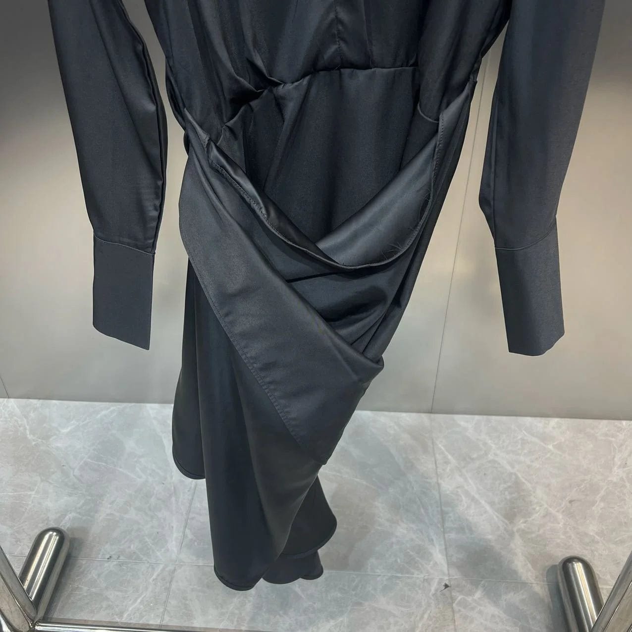 OUDINA Custom OEM Dark Pleated Dress Spring New Long Sleeve Asymmetric Shirt Women Elegant Casual Dresses