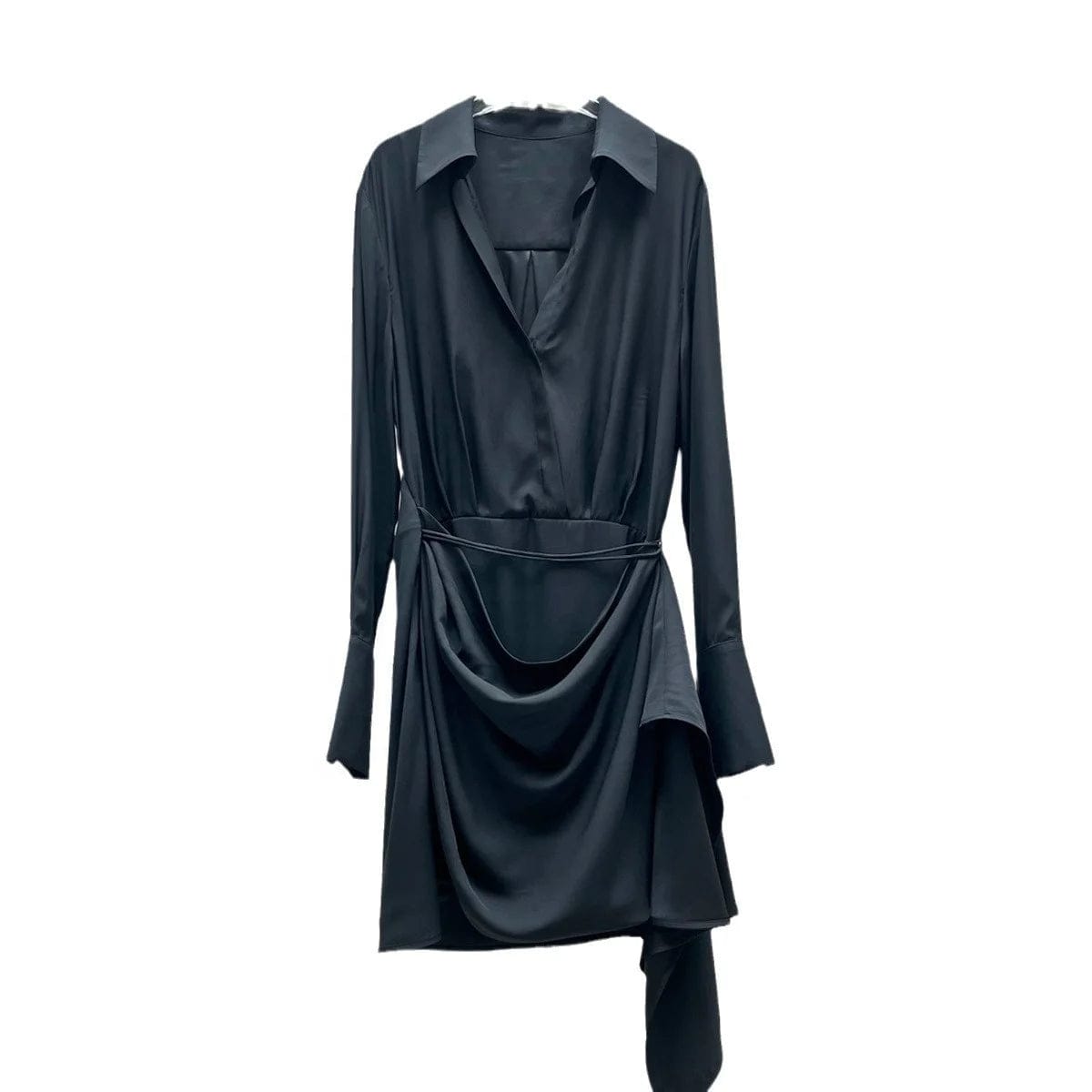 OUDINA Custom OEM Dark Pleated Dress Spring New Long Sleeve Asymmetric Shirt Women Elegant Casual Dresses