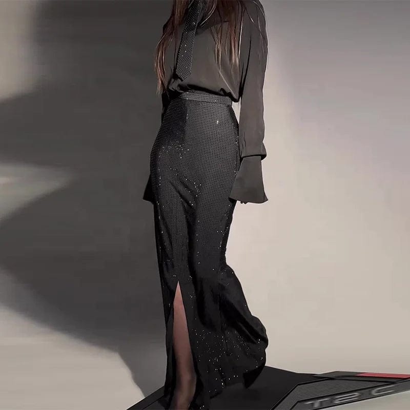 OUDINA Custom Women Elegant 2 Piece Sets Temperament Shirt And Heavy Industry Diamond Slit Skirt Set For Women