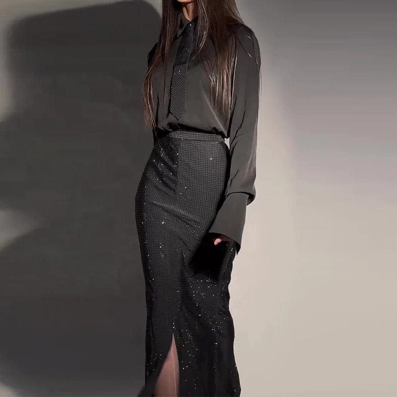 OUDINA Custom Women Elegant 2 Piece Sets Temperament Shirt And Heavy Industry Diamond Slit Skirt Set For Women