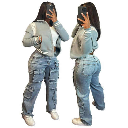 OUDINA Customize Wholesale Stretch Multi-pocket Pants Boyfriend Casual Straight Denim Trousers Ladies Jeans Pants For Women