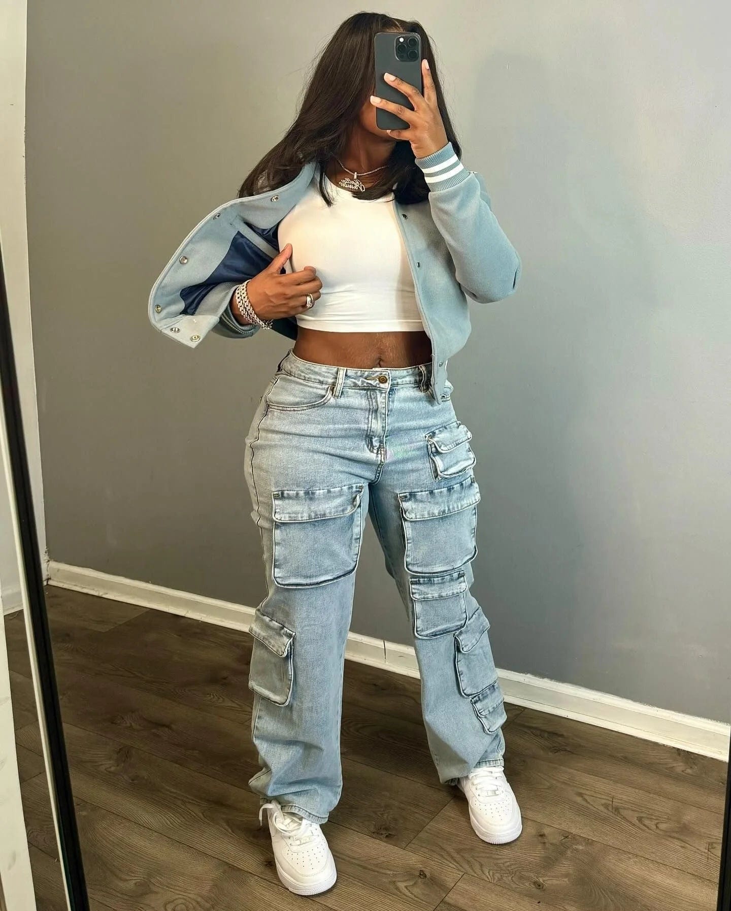 OUDINA Customize Wholesale Stretch Multi-pocket Pants Boyfriend Casual Straight Denim Trousers Ladies Jeans Pants For Women
