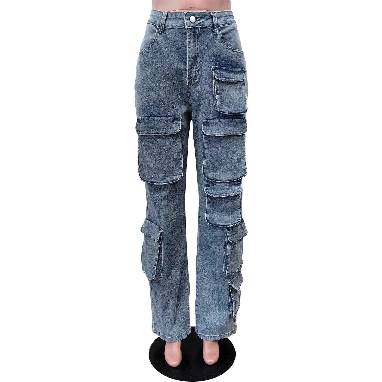OUDINA Customize Wholesale Stretch Multi-pocket Pants Boyfriend Casual Straight Denim Trousers Ladies Jeans Pants For Women