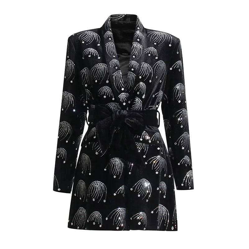 OUDINA Elegant Style 2023 New V-neck Suit Jackets Temperament Printed Diamond Waisted Slim Blazer Femme