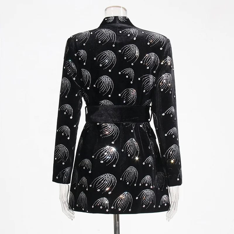 OUDINA Elegant Style 2023 New V-neck Suit Jackets Temperament Printed Diamond Waisted Slim Blazer Femme