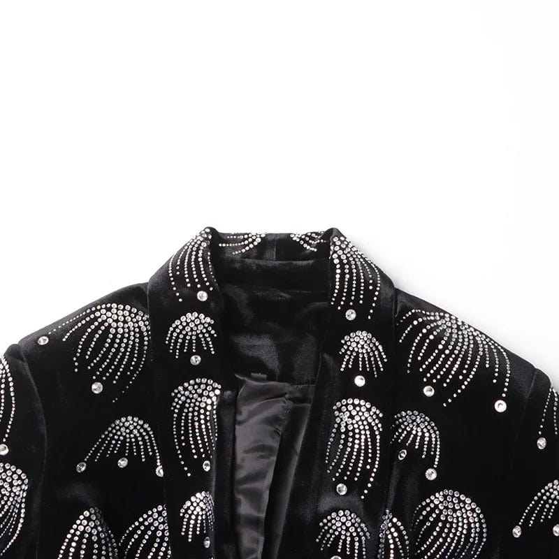 OUDINA Elegant Style 2023 New V-neck Suit Jackets Temperament Printed Diamond Waisted Slim Blazer Femme