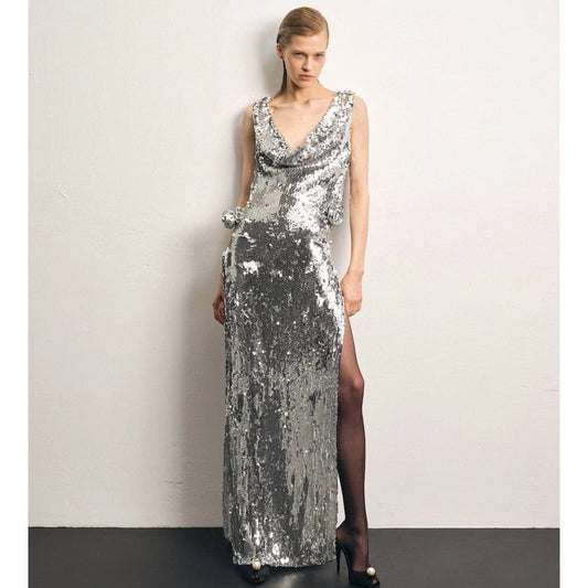 OUDINA Factory Fashion Rhinestone Sequins Silver Women's Clothing Mesh Bodycon Long Women Dresses