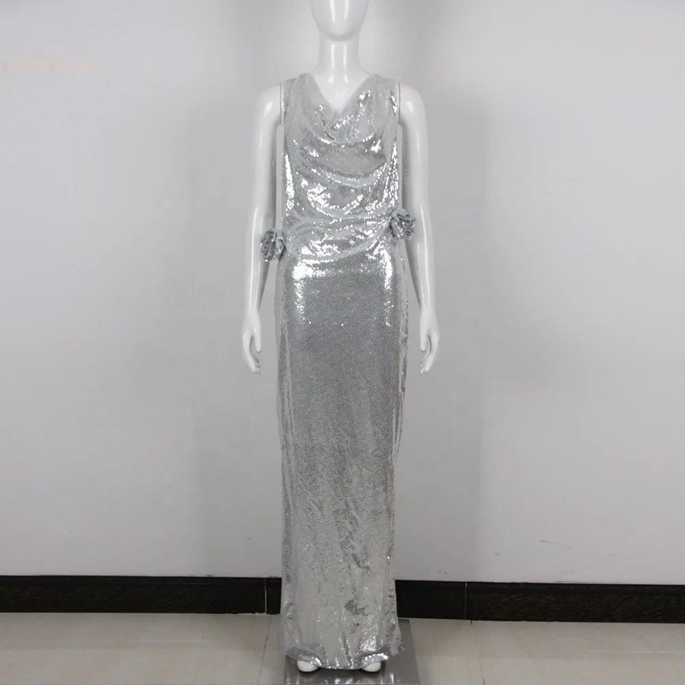 OUDINA Factory Fashion Rhinestone Sequins Silver Women's Clothing Mesh Bodycon Long Women Dresses