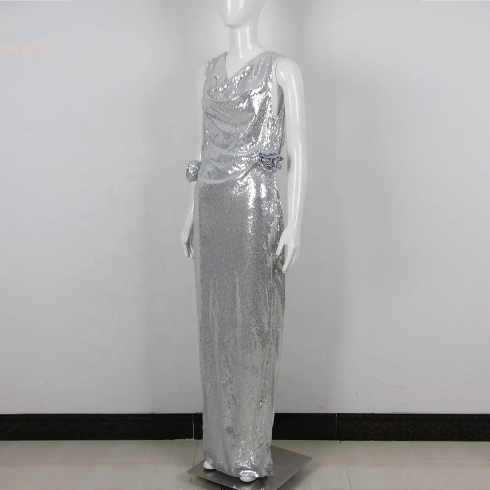 OUDINA Factory Fashion Rhinestone Sequins Silver Women's Clothing Mesh Bodycon Long Women Dresses