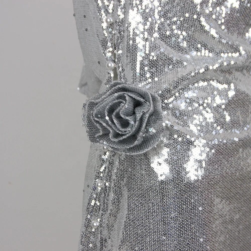 OUDINA Factory Fashion Rhinestone Sequins Silver Women's Clothing Mesh Bodycon Long Women Dresses