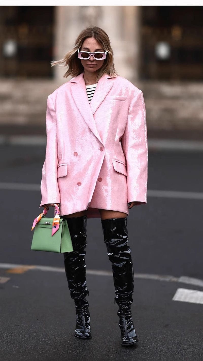 OUDINA Fashion Double Breasted Blazers Ladies Sequin Long Sleeve Loose Women's Suits & Tuxedo