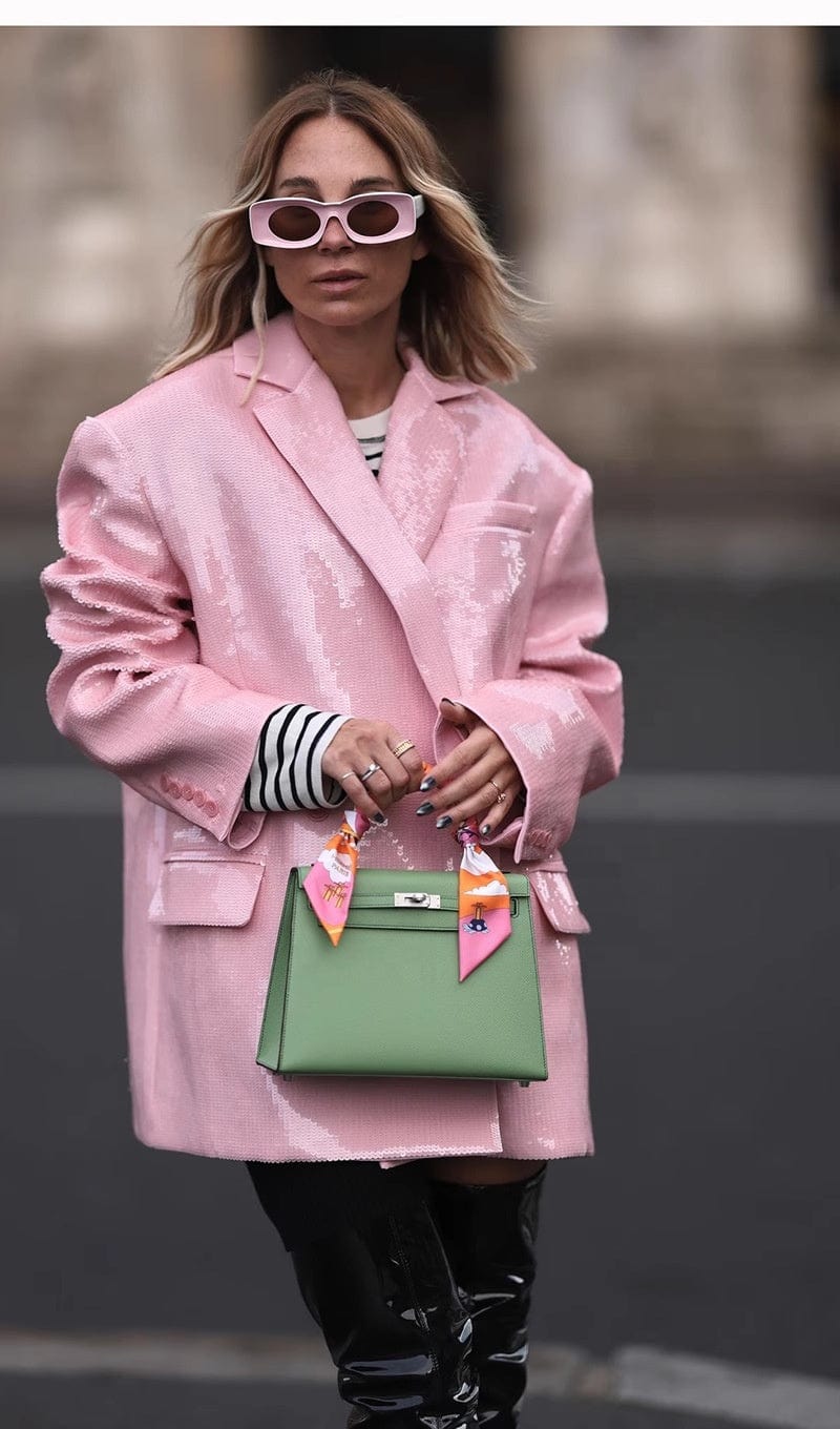 OUDINA Fashion Double Breasted Blazers Ladies Sequin Long Sleeve Loose Women's Suits & Tuxedo