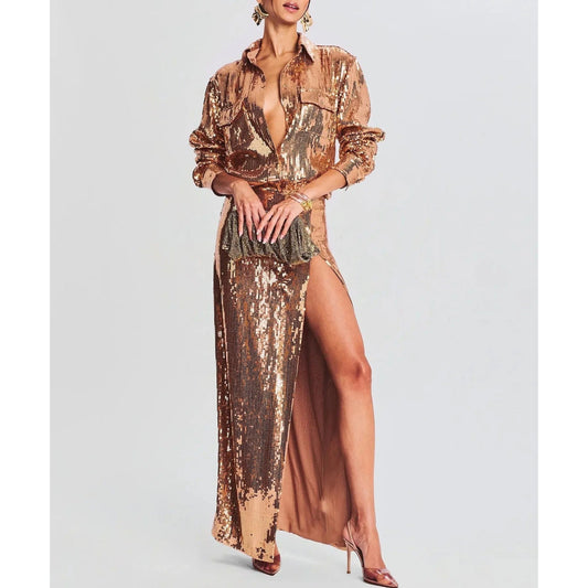 OUDINA Fashion Elegant Luxury Long Sleeve Shirt Top Sequined Women Two Piece Skirt Set