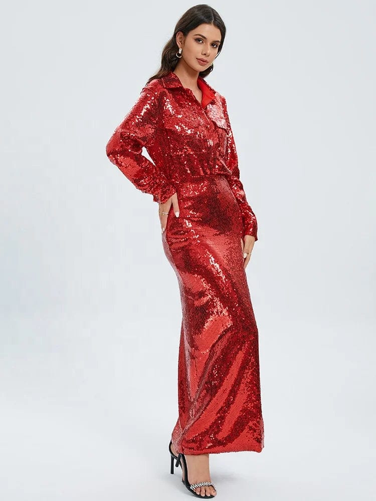 OUDINA Fashion Elegant Luxury Long Sleeve Shirt Top Sequined Women Two Piece Skirt Set