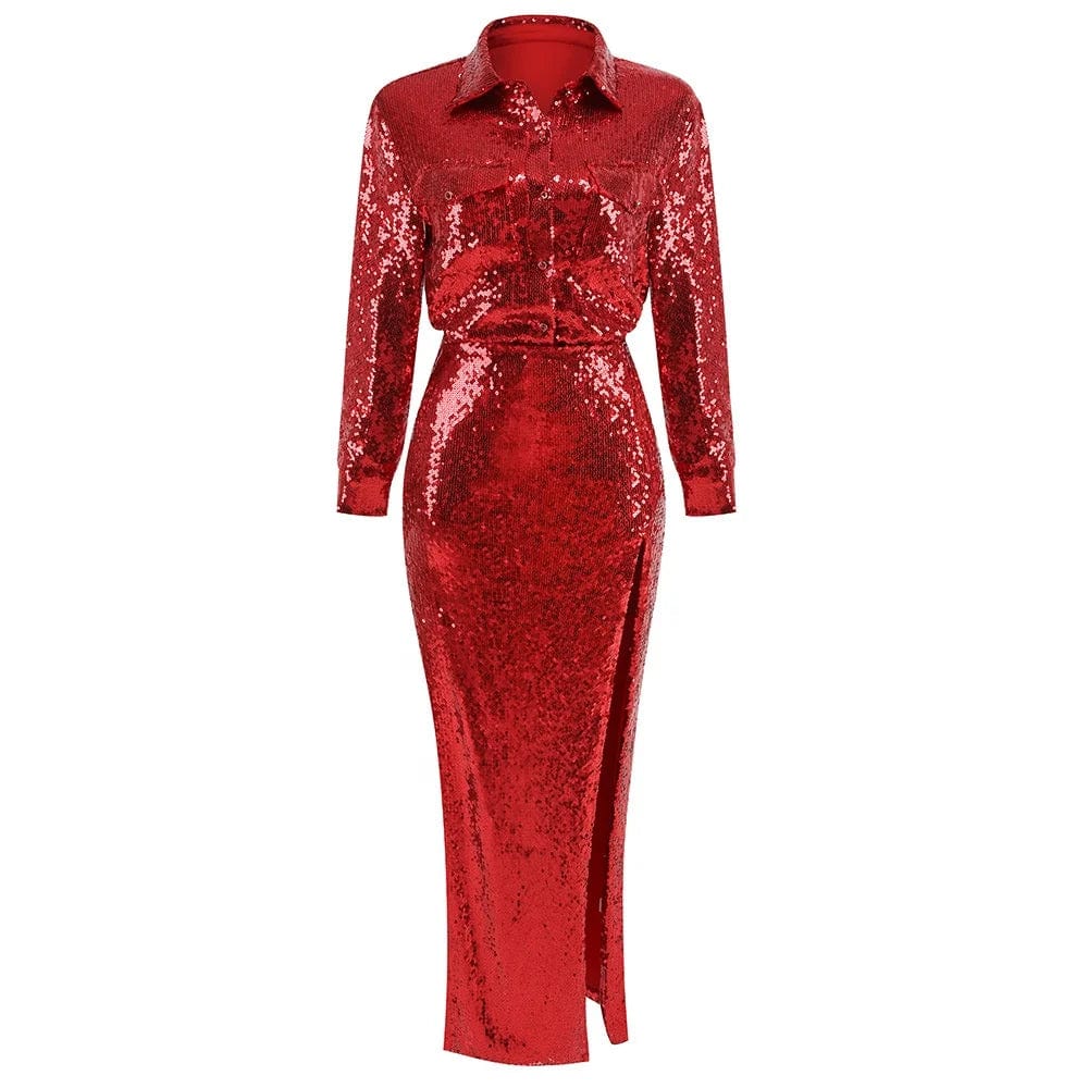 OUDINA Fashion Elegant Luxury Long Sleeve Shirt Top Sequined Women Two Piece Skirt Set