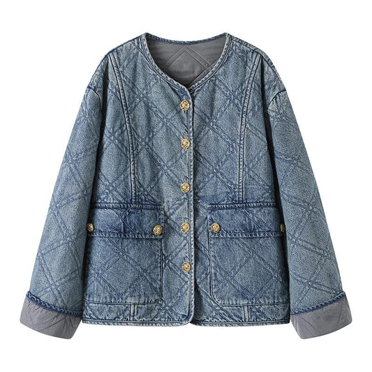 OUDINA Fashion Hot Products Plaid Round Neck Loose Retro Denim Cotton Jacket Winter Fur Women's Coats