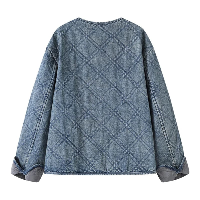 OUDINA Fashion Hot Products Plaid Round Neck Loose Retro Denim Cotton Jacket Winter Fur Women's Coats