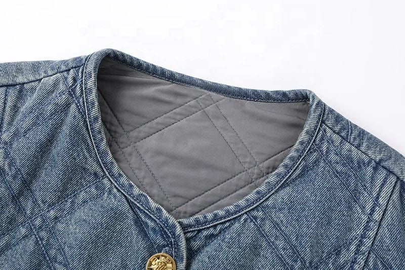 OUDINA Fashion Hot Products Plaid Round Neck Loose Retro Denim Cotton Jacket Winter Fur Women's Coats