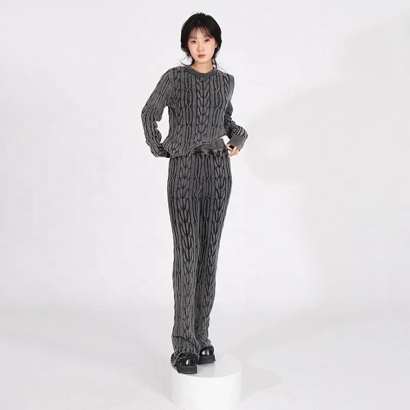 OUDINA Fashion Hot Sale Stretch Twist Short Cropped Top Knitted Sweater Two Piece Pants Set Women's Sets