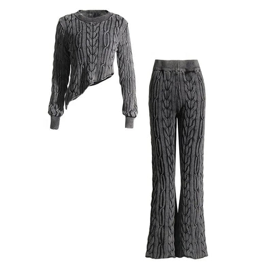 OUDINA Fashion Hot Sale Stretch Twist Short Cropped Top Knitted Sweater Two Piece Pants Set Women's Sets