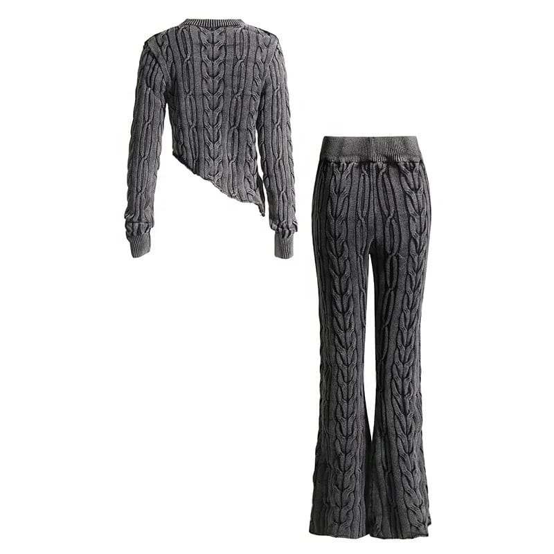 OUDINA Fashion Hot Sale Stretch Twist Short Cropped Top Knitted Sweater Two Piece Pants Set Women's Sets