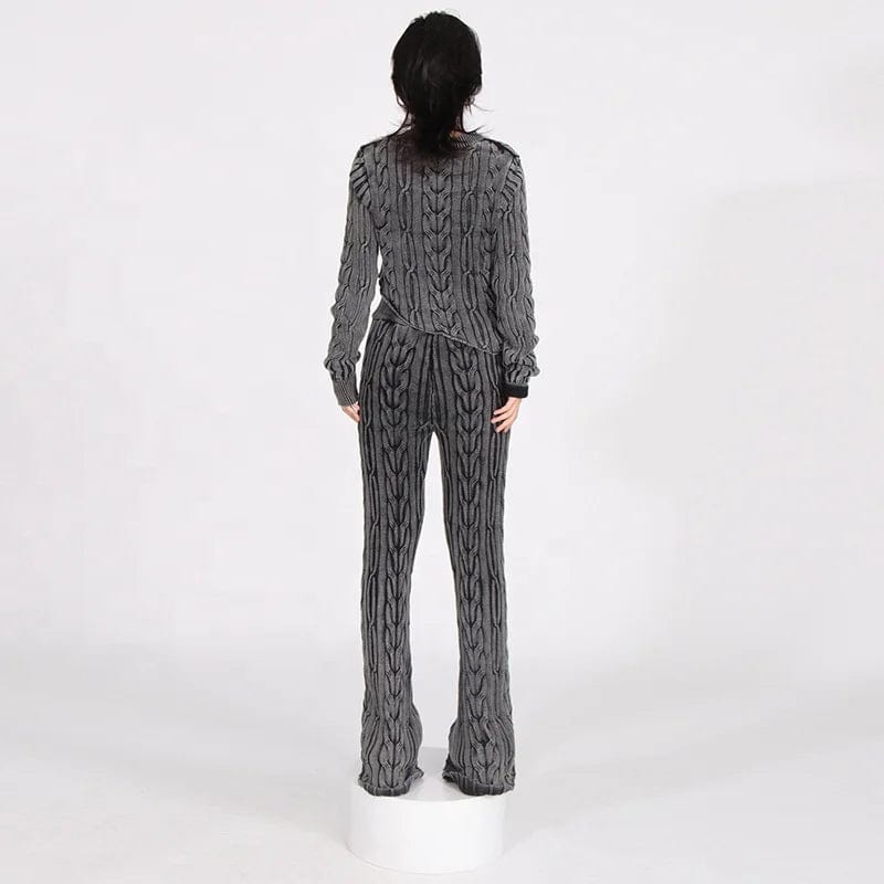 OUDINA Fashion Hot Sale Stretch Twist Short Cropped Top Knitted Sweater Two Piece Pants Set Women's Sets