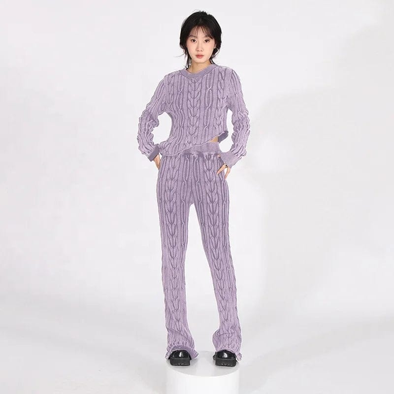 OUDINA Fashion Hot Sale Stretch Twist Short Cropped Top Knitted Sweater Two Piece Pants Set Women's Sets