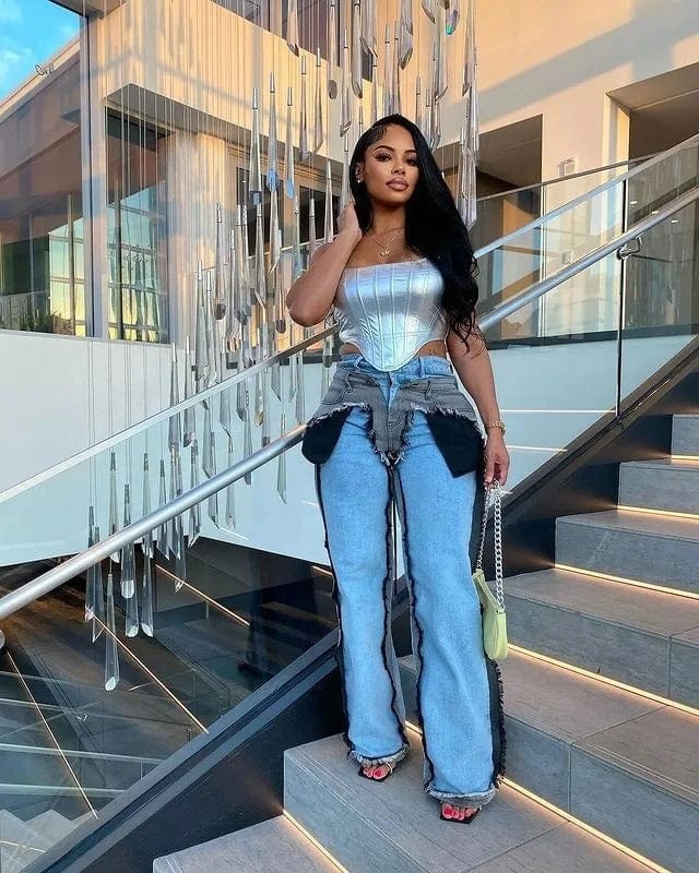 OUDINA Fashion Latest Design Stretch Patchwork Wash Denim Wide Leg Women Pants Baggy Jeans