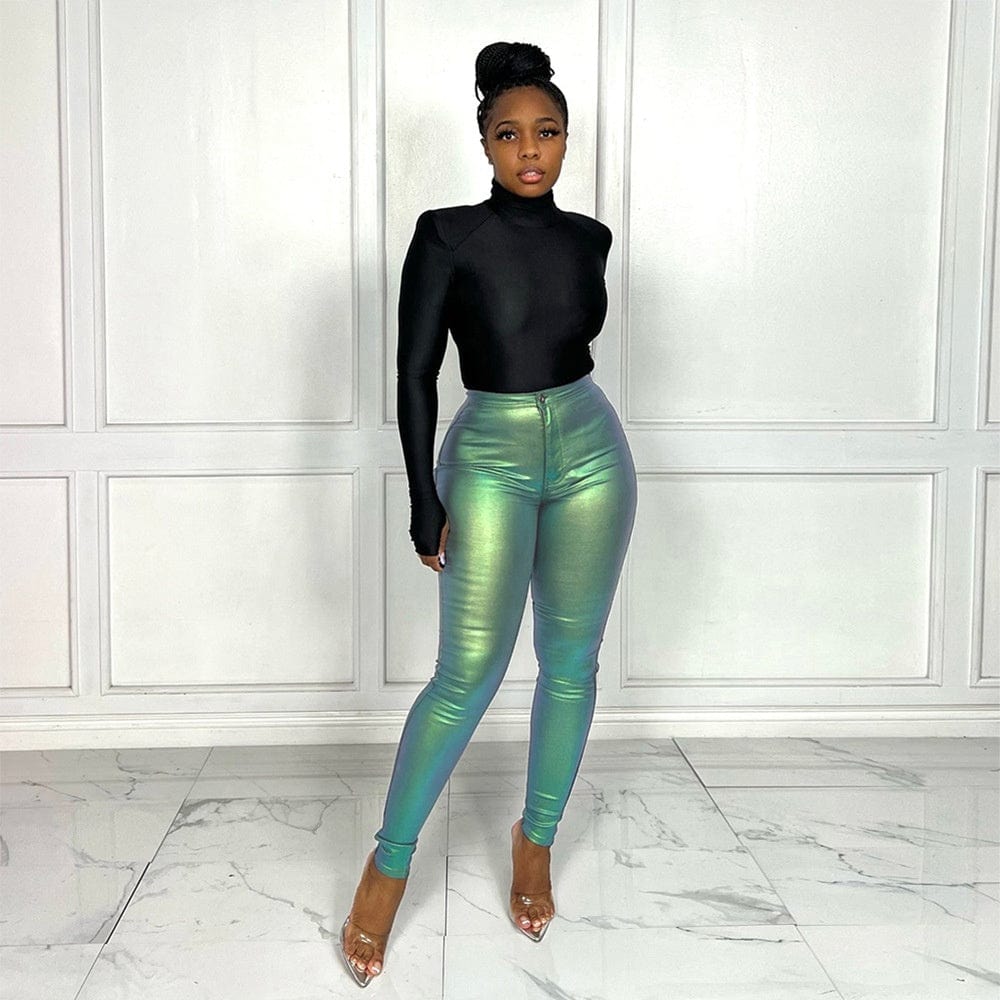OUDINA Fashion Slim Fit Solid  Color Trousers PU Women's Pants & Trousers Shiny Leggings For Women