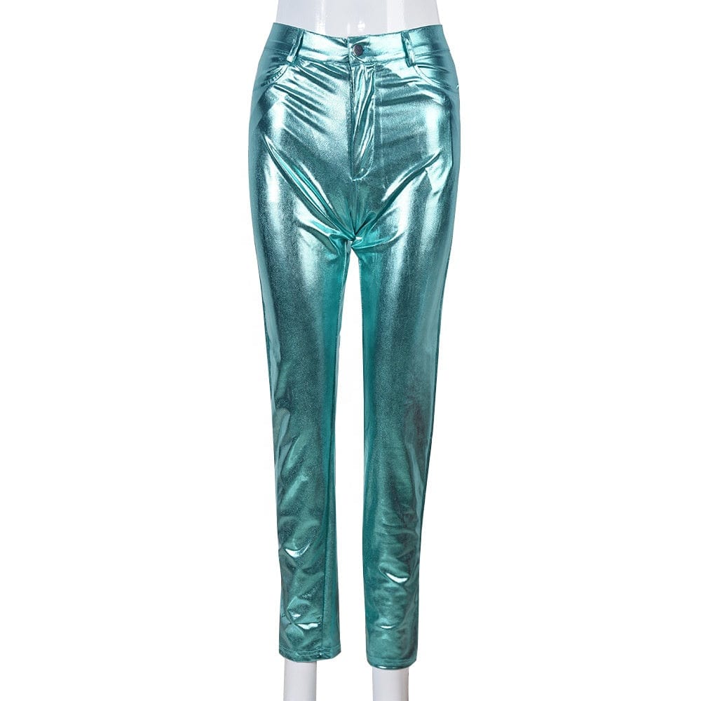 OUDINA Fashion Slim Fit Solid  Color Trousers PU Women's Pants & Trousers Shiny Leggings For Women