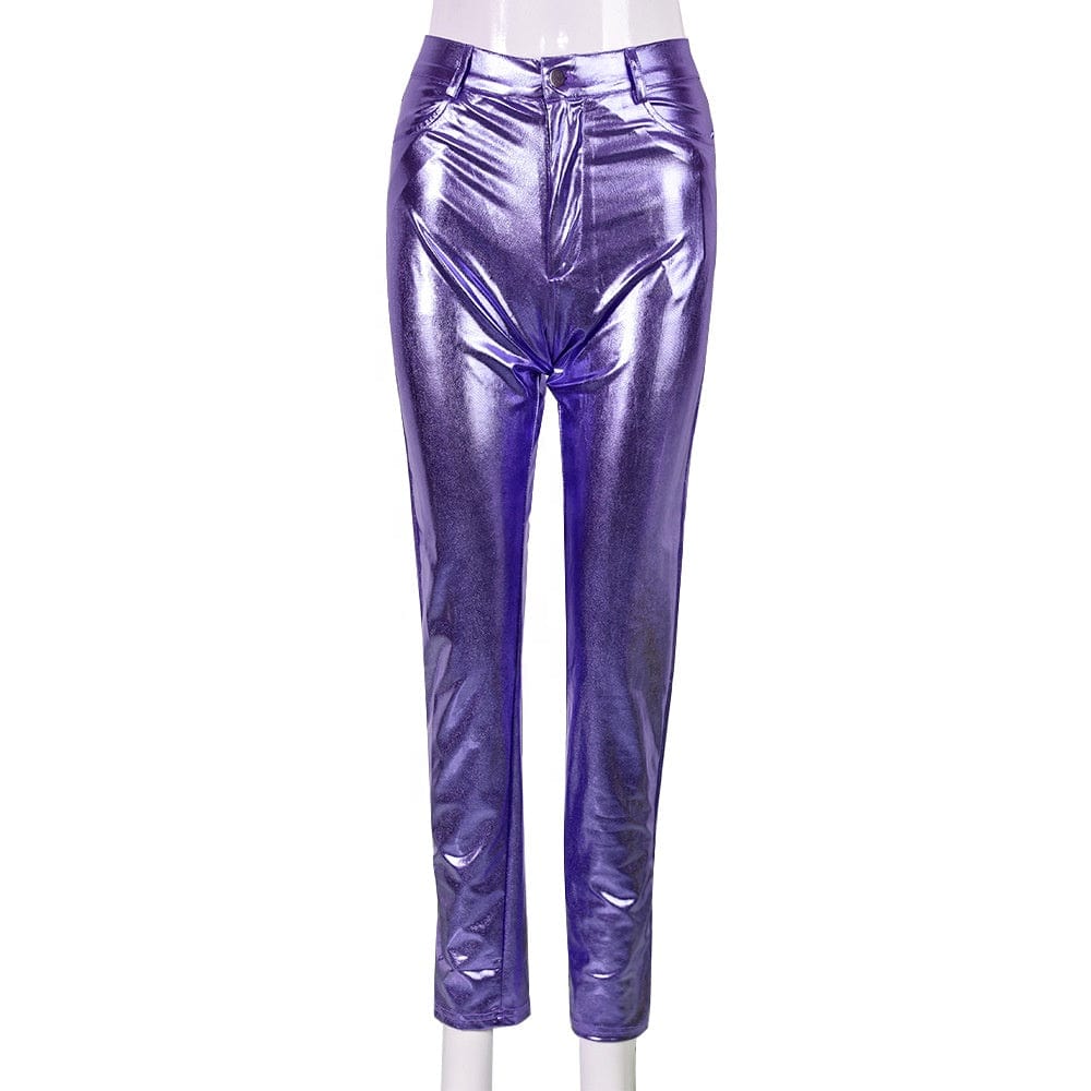OUDINA Fashion Slim Fit Solid  Color Trousers PU Women's Pants & Trousers Shiny Leggings For Women