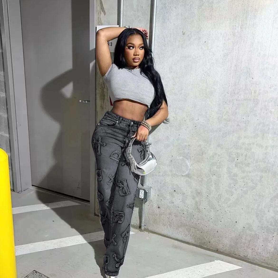 OUDINA Fashion Street Embroidery Letters Casual High Waist Femme Wide Leg Pants Straight Jeans For Women