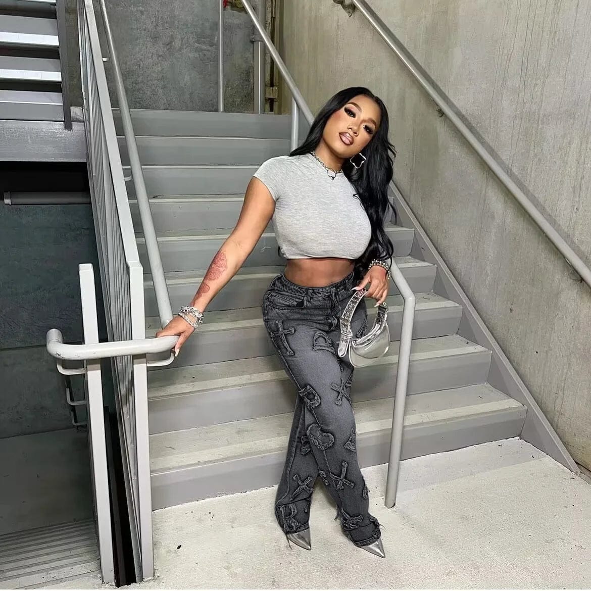 OUDINA Fashion Street Embroidery Letters Casual High Waist Femme Wide Leg Pants Straight Jeans For Women