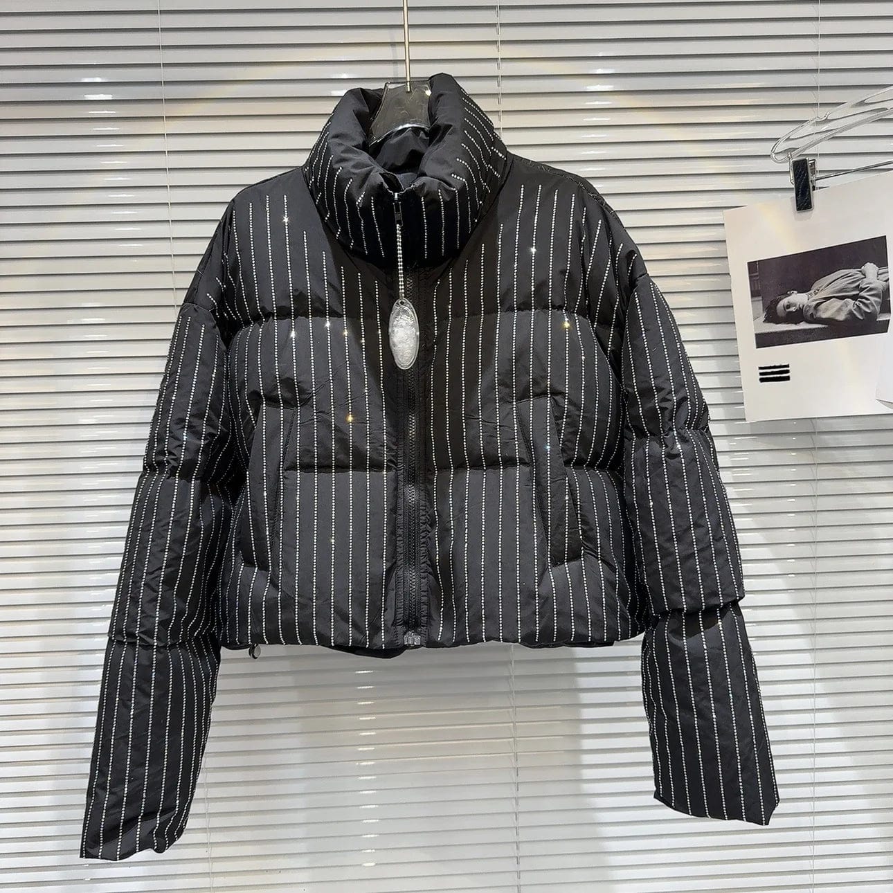 OUDINA Fashion Strip Hot Sequin Coats Rhinestones Diamond Pattern Warm Bubble Down Jacket Winter Puffy Bomber Women's Coats