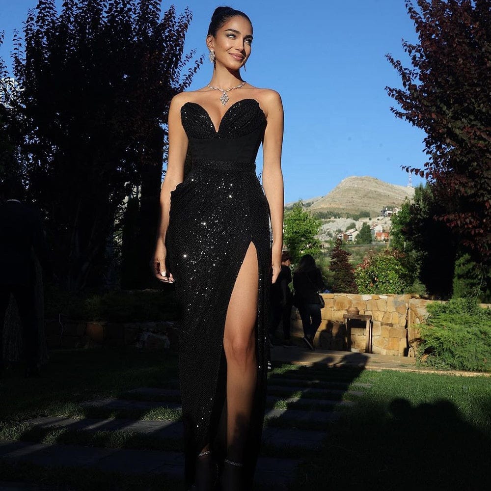 OUDINA Fashion Summer Women's Dress Black Tube Top Sequins Dinner Sexy Gowns For Women Evening Dresses