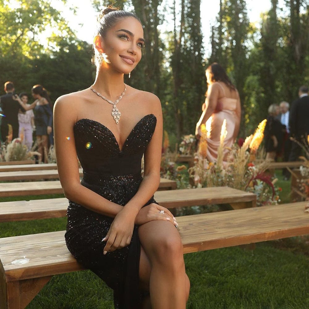 OUDINA Fashion Summer Women's Dress Black Tube Top Sequins Dinner Sexy Gowns For Women Evening Dresses