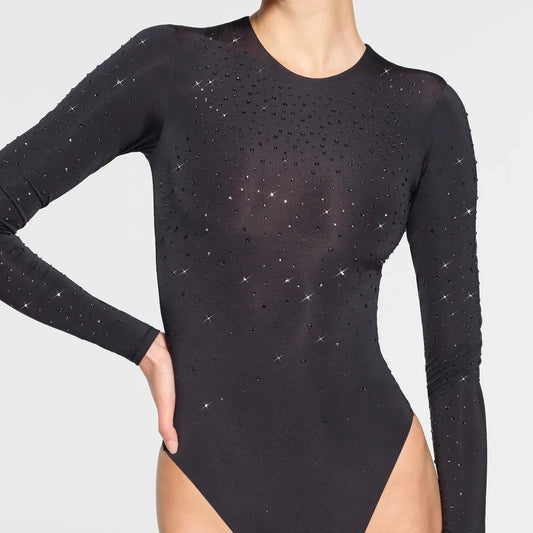 OUDINA Fashion T-shirt Crop Top Long Sleeve Tight Diamond Rhinestones Jumpsuit Sequins Jumpsuits Playsuits & Bodysuits