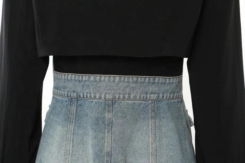 OUDINA fashion Two Piece Sets Cropped Blazer Jacket Button Jean Dresses Denim Dress Women