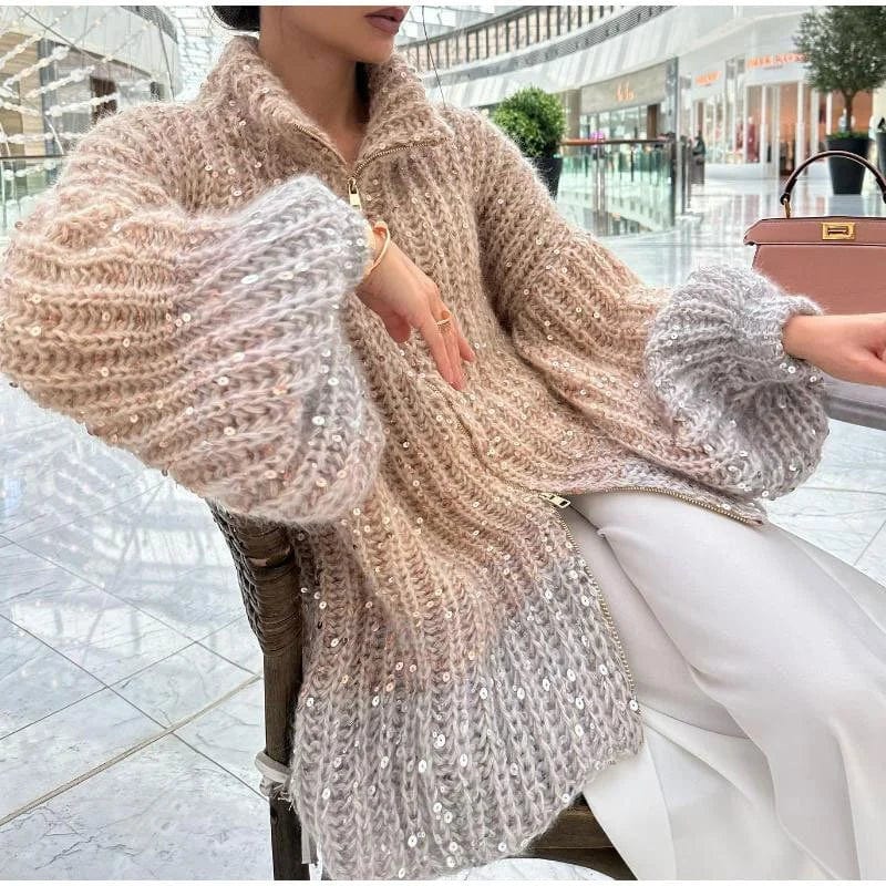 OUDINA Fashion Women Clothing Casual Zipper Lazy Sequined Lantern Sleeve Sweater Knitted Cardigan Sweaters For Women