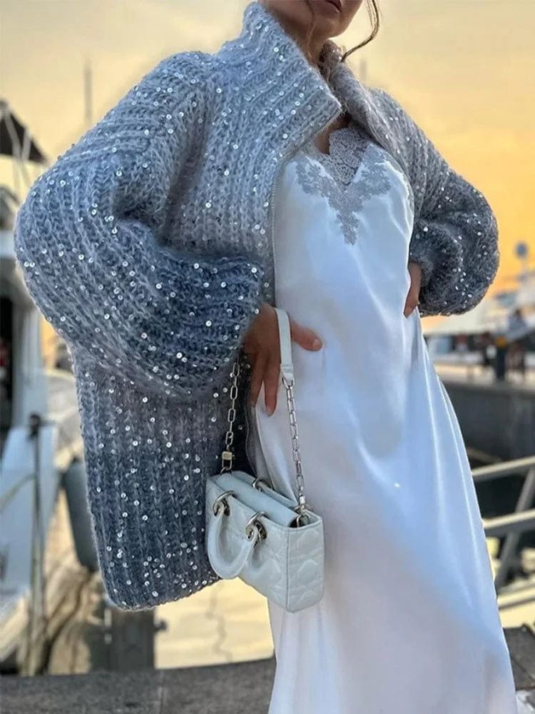 OUDINA Fashion Women Clothing Casual Zipper Lazy Sequined Lantern Sleeve Sweater Knitted Cardigan Sweaters For Women