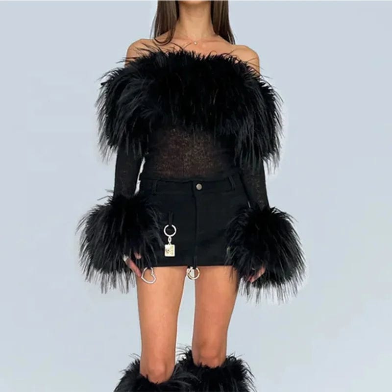 OUDINA Fashion Women's Clothing Tops Long Sleeve One Shoulder Faux Fur See Through Top Crop Tops For Women