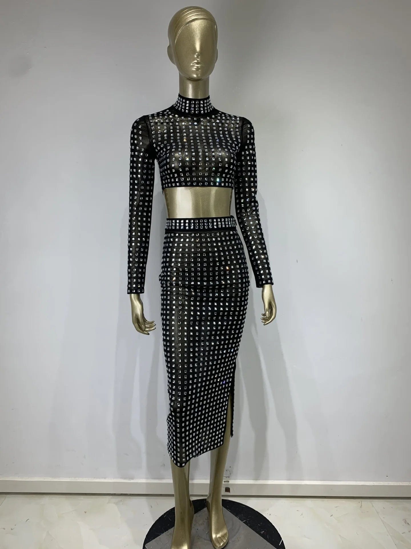 OUDINA Fashion Women's Sets Popular Diamond Rhinestones Short Top Black Rivet Women Clothing Skirt Two Piece Set
