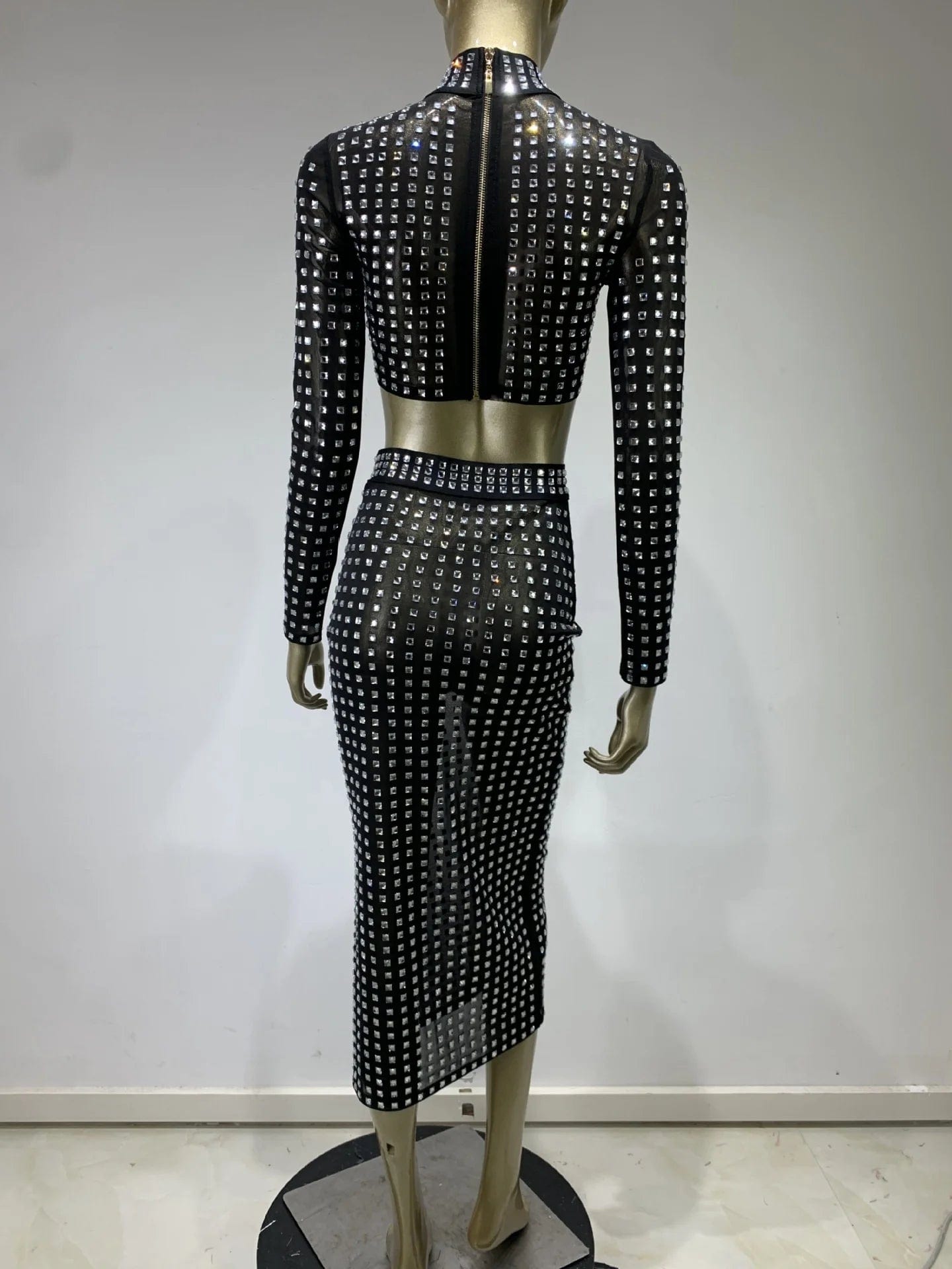 OUDINA Fashion Women's Sets Popular Diamond Rhinestones Short Top Black Rivet Women Clothing Skirt Two Piece Set